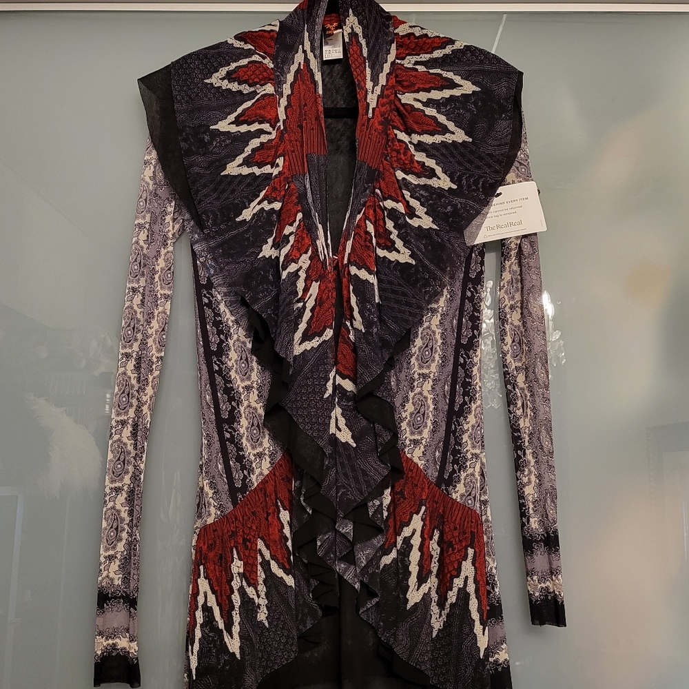 SOLD - John Paul Gaultier Soleil Mesh Geometric Paisley Ruffle Tie Cardigan
